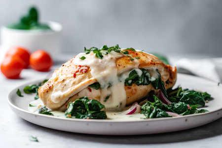 Chicken breast stuffed with spinach and feta cheese. toning. selective focusの素材