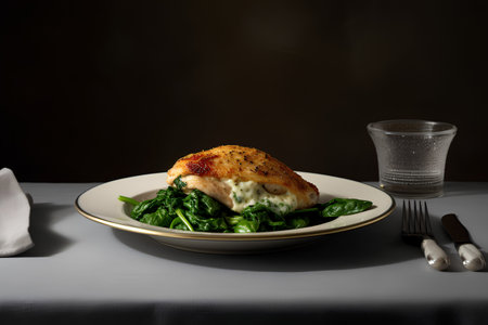 Baked chicken fillet with spinach on a plate on a dark backgroundの素材