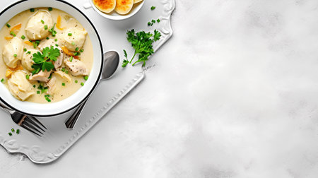 Chicken dumplings soup in a white bowl on a light background. Top view, copy space.の素材