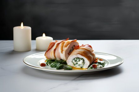Pork roll stuffed with spinach and ricotta cheese on a white plate with candlesの素材