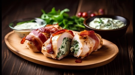 Rolls of bacon wrapped with spinach and cheese on wooden plate.の素材