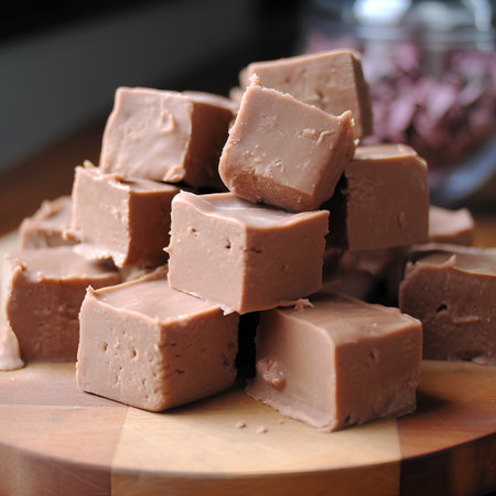 Homemade chocolate fudge on a wooden board. Selective focus.の素材