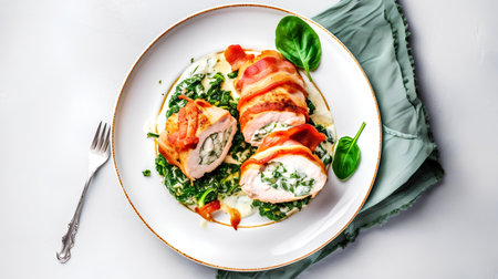Stuffed chicken breast with spinach and ricotta on a white plate.の素材