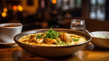 Creamy mushroom soup in a bowl on a wooden table.の素材