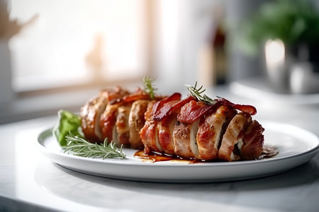 roast pork with sauce on white plate, shallow depth of fieldの素材