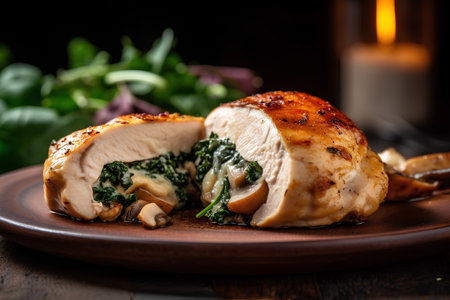 Roasted chicken breast stuffed with spinach and mushrooms on a plate.の素材