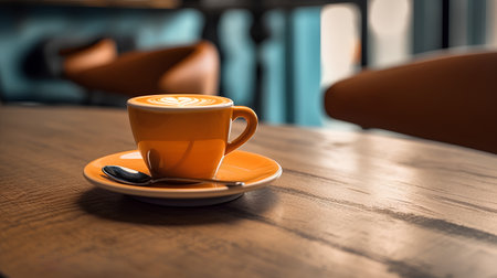 Coffee cup on wooden table in coffee shop, stock photoの素材