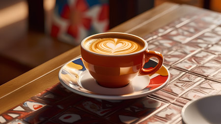 Cup of coffee with latte art on wooden table in cafeの素材