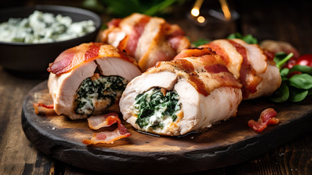 Rolls of bacon wrapped chicken breast with spinach and bacon on wooden boardの素材