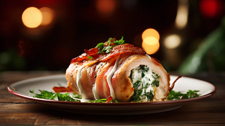 Crispy bacon wrapped chicken breast stuffed with spinach and cheese.の素材