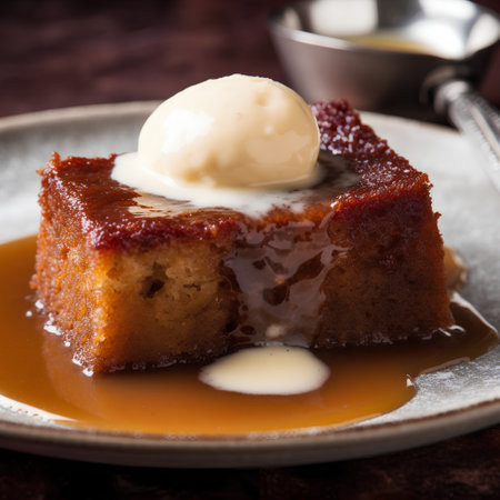 Piece of caramel bundt cake with vanilla ice cream on topの素材