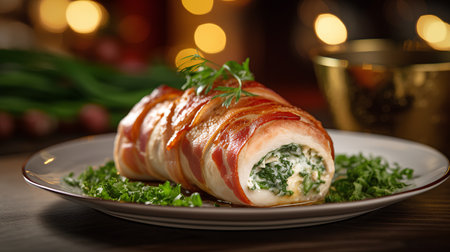 Rolled pancake stuffed with cheese and herbs on a dark backgroundの素材