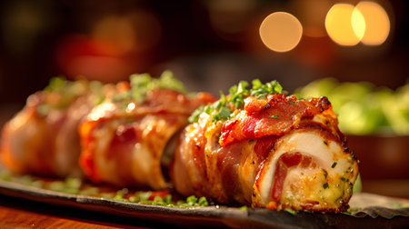 Sushi roll with bacon and vegetables on a wooden background. Toned.の素材