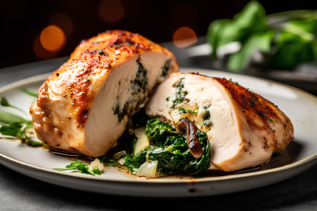 Roasted chicken breast with spinach and mushrooms on a white plate.の素材