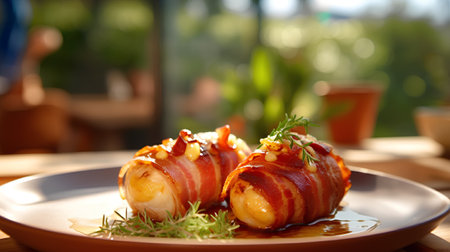Bacon wrapped scallops with bacon on a plate in a restaurantの素材