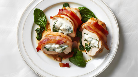 Stuffed chicken rolls with spinach and cream cheese on white plate, squareの素材