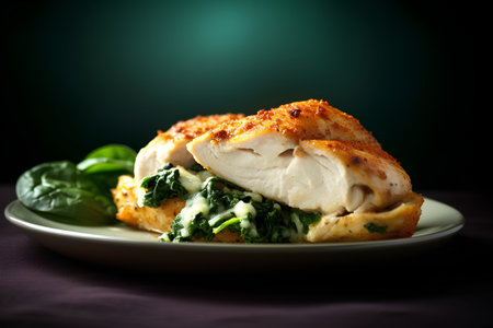 Baked chicken breast with spinach and cheese on a dark background.の素材