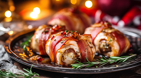 Baked bacon wrapped in bacon with rosemary and spices. Christmas background.の素材