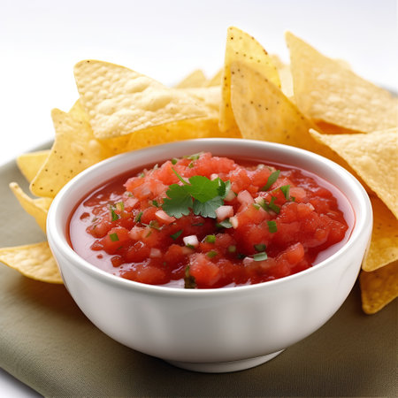 Mexican salsa with nachos chips on a white background.の素材