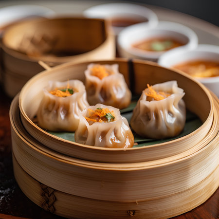 Steamed dumplings in bamboo steamer, chinese cuisineの素材