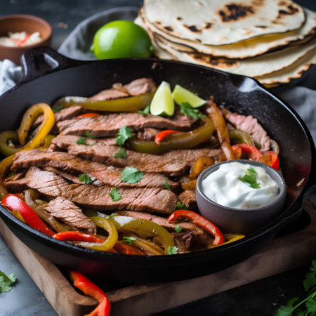 Traditional mexican beef fajitas with bell pepper, onion and sour creamの素材