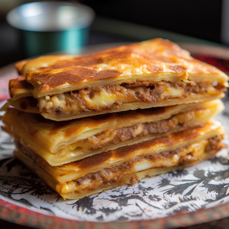Close up of a stack of homemade lasagna on a plate.の素材
