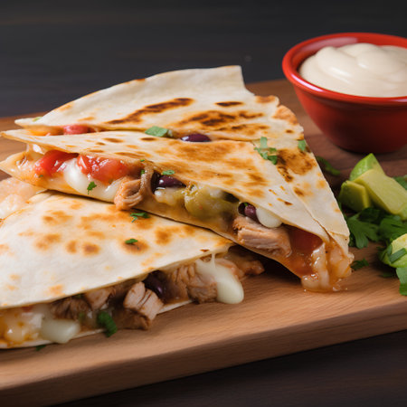 Traditional mexican quesadilla with chicken, vegetables and cheeseの素材