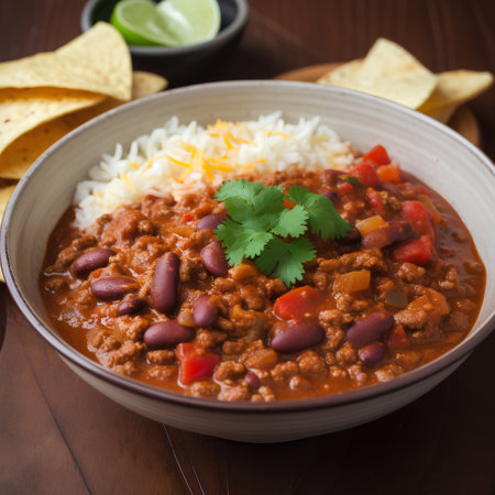 Chili con carne in bowl with rice and tortilla chipsの素材