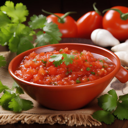 Salsa sauce in a bowl on a wooden background. Selective focus.の素材