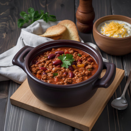 Chili con carne in a ceramic pot on a wooden backgroundの素材