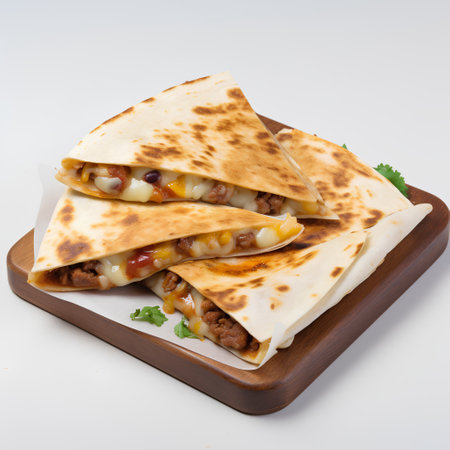 Mexican quesadilla with beef and vegetables on a white backgroundの素材