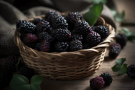 Blackberries in a basket on a wooden background. Selective focus.の素材