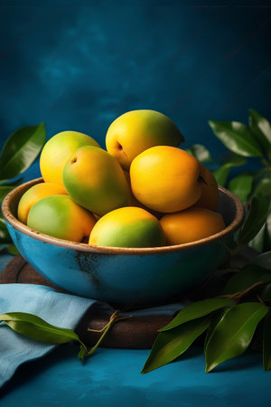 Mango fruit in a bowl on a blue background. Selective focus.の素材
