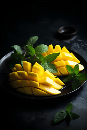 Mango slices and mint leaves on a black plate. Dark background.の素材