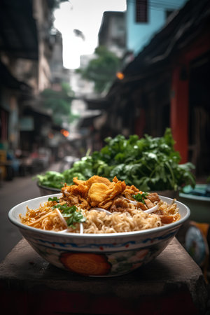 Noodles in bowl on the street in the old town, Vietnam