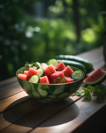 Fresh watermelon and cucumber salad in a bowl on wooden tableの素材
