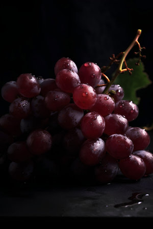 Bunch of ripe red grapes with water drops on black background.の素材