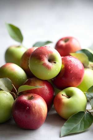 Red and green apples with leaves on a white background, selective focusの素材