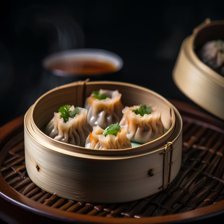 Chinese steamed dumplings in bamboo basket on black background.の素材