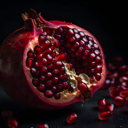 Ripe pomegranate fruit on a black background close upの素材