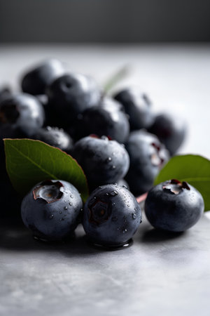 Fresh ripe blueberries with green leaves on grey table, closeupの素材