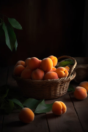 Ripe apricots in a basket on a wooden table.の素材