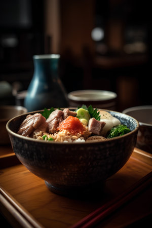 japanese cuisine. rice bowl with meat and vegetables on backgroundの素材