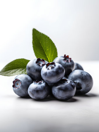 Fresh blueberries with green leaves on white wooden table, closeupの素材