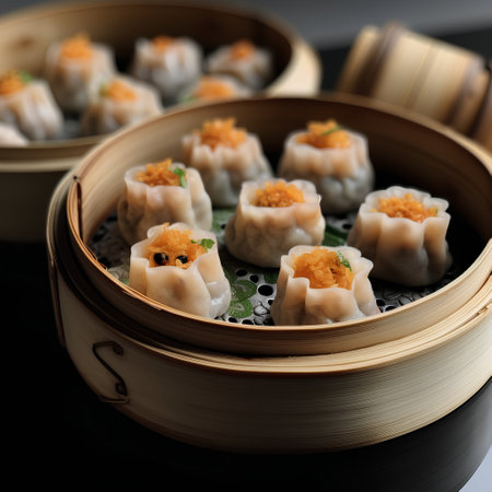 Chinese steamed dumplings in bamboo steamer on black backgroundの素材