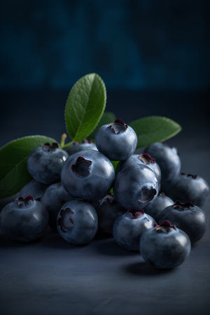 Fresh blueberries with green leaves on dark background, close up.の素材
