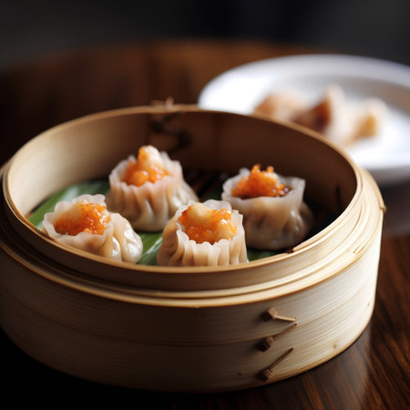 Chinese dim sum dumplings in bamboo steamer on wooden tableの素材