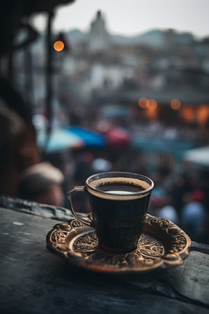 Turkish coffee on the terrace of a restaurant in Istanbul, Turkeyの素材