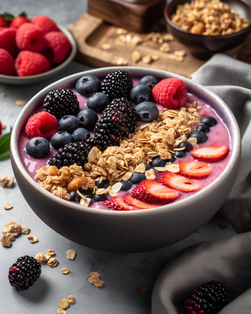 Healthy breakfast bowl with blueberry, raspberry, blackberry and granola.の素材