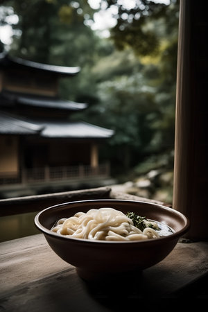 Noodles in clay bowl on wooden table with blurred background.の素材